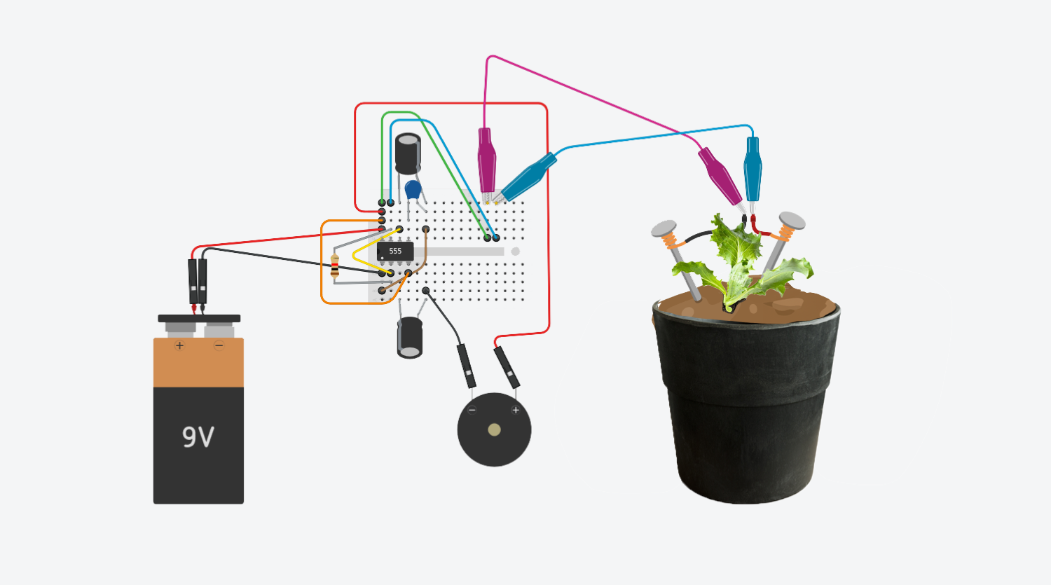 555 oscillator with soil-moisture probes as the resistance